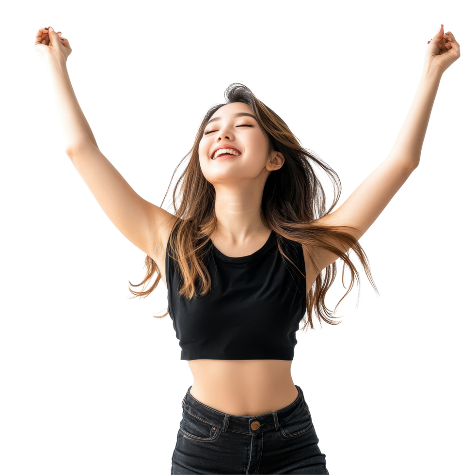 Happy Asian girl dancing joyfully and smiling in a bright indoor studio during daytime, Happy beautiful Asian girl dancing and smiling isolated on transparent background png