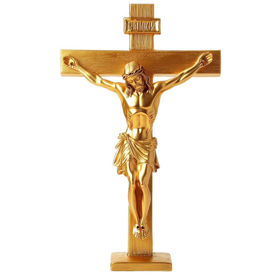 Golden Jesus figure on a wooden cross isolated against a transparent background, golden Jesus figure at a wooden cross isolated at transparent background png