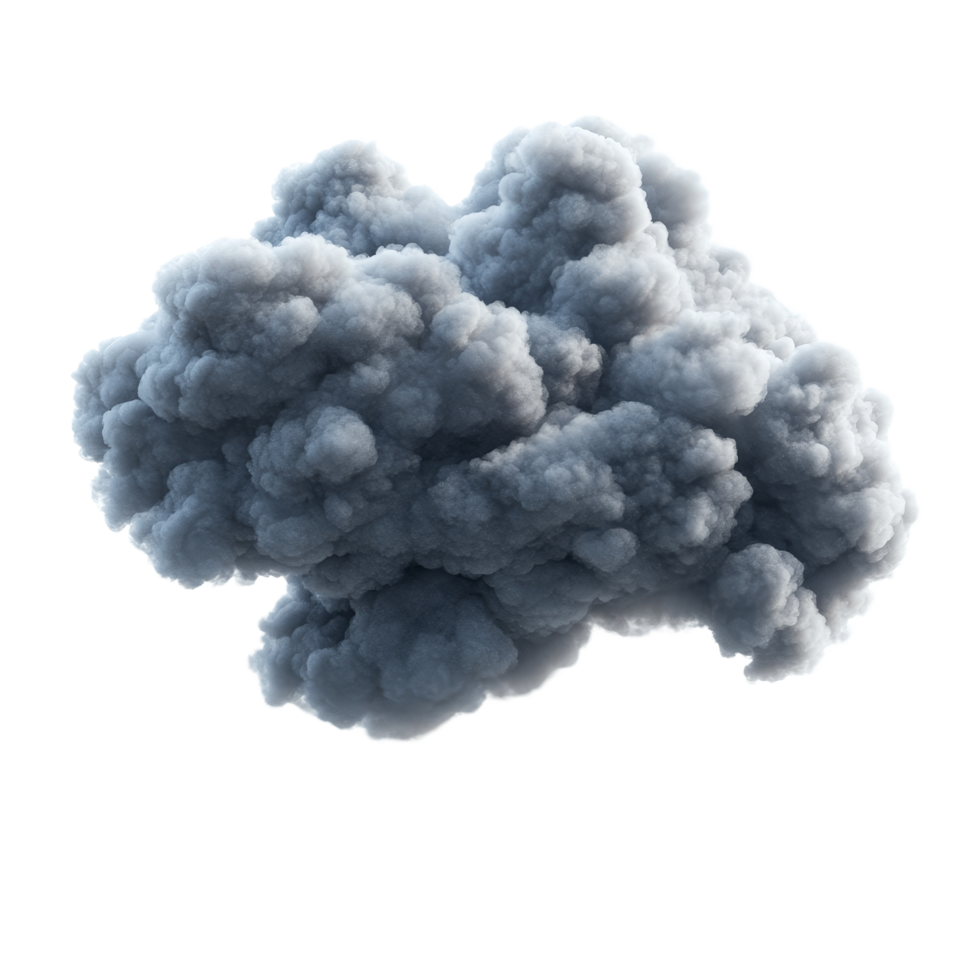 A dense dark cumulus cloud isolated against a bright transparent background showcasing its intricate texture and dramatic form, dark cumulus cloud isolated on transparent background png