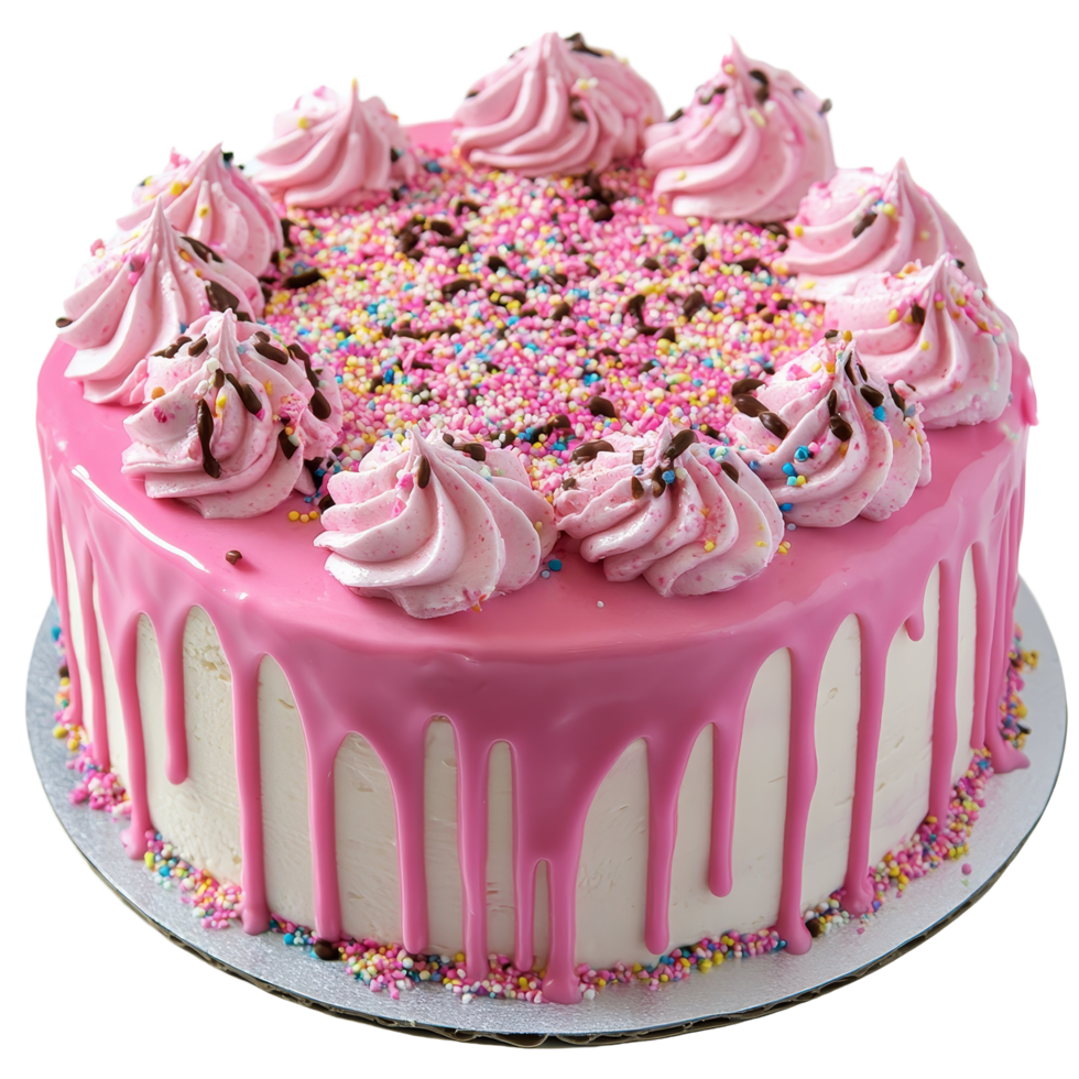 Delicious pink cake adorned with whipped toppings and sprinkles ready for a celebration, pink cake topping on transparent background file png