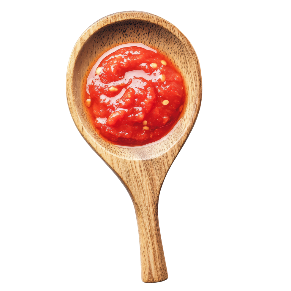 Wooden spoon holding tomato sauce on a clean transparent background captured in natural light, Wooden Spoon with Tomato Sauce on transparent background png