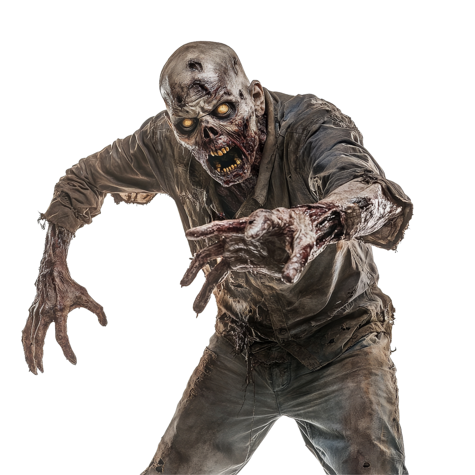 A terrifying zombie lunges forward in pursuit of its next victim in a dimly lit setting, Scary Zombie about to catch his victim isolated on transparent background png