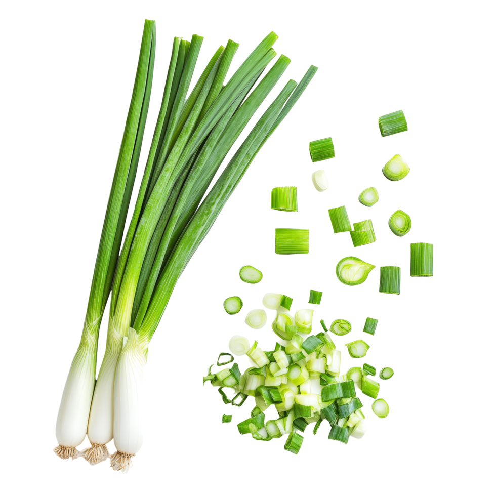 Sliced green onions arranged on a clean transparent background with whole green onions nearby for culinary preparation, Slice green onions on transparent background png