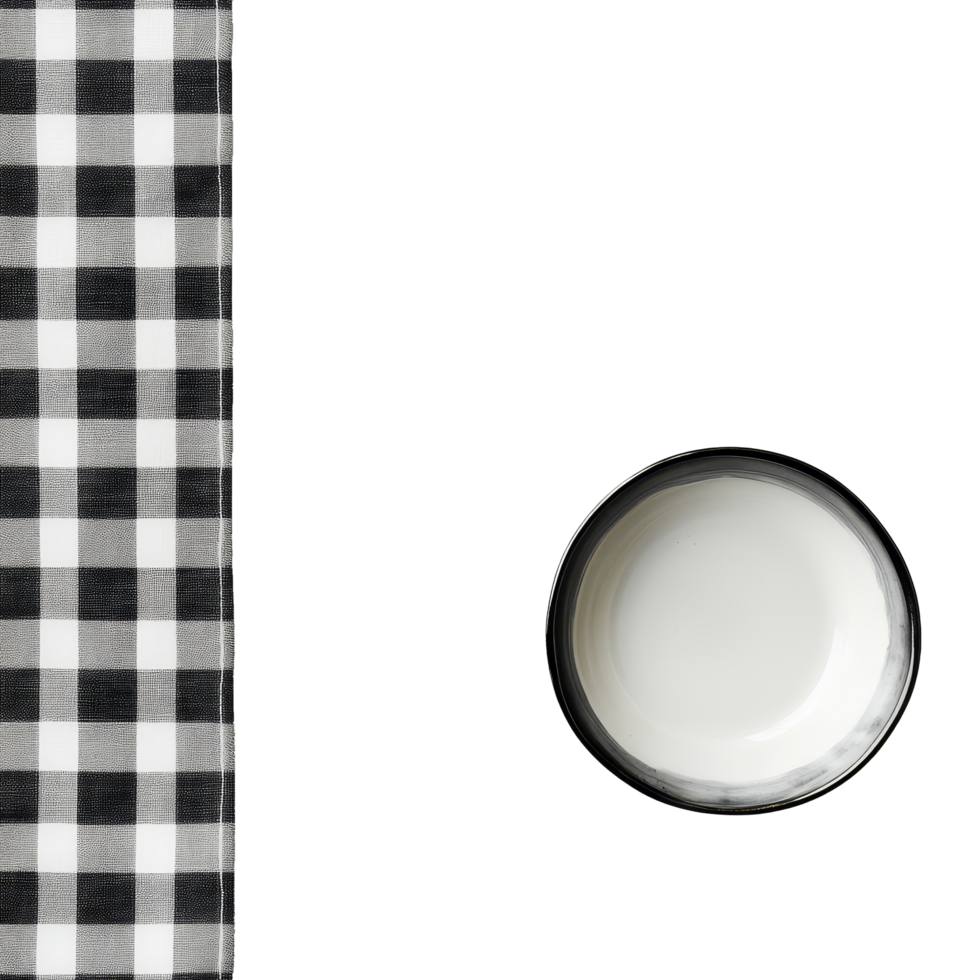 Top view of a cozy dining setup featuring a checkered tablecloth and a simple transparent plate on a transparent background, Top view checkered tablecloth and plate on transparent backgroundfile png