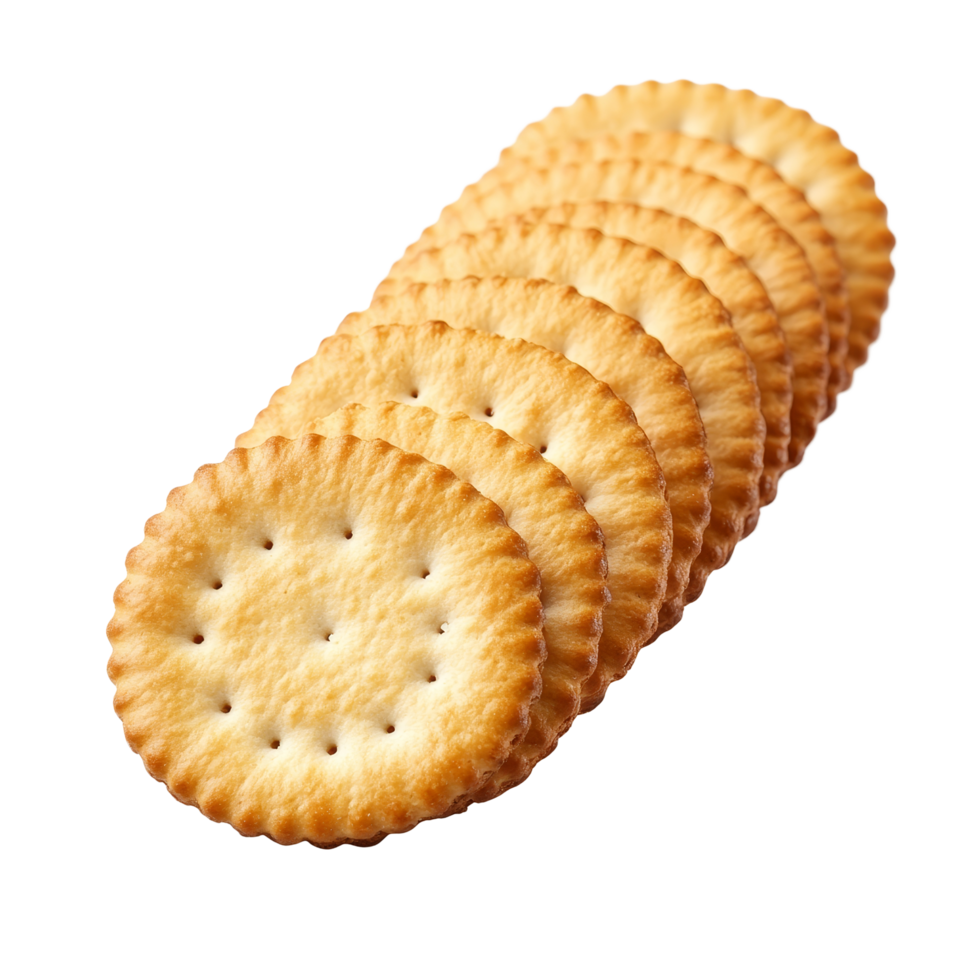 A row of freshly baked round crackers isolated on a transparent background, a row of round cracker isolated on transparent backgroundfile png