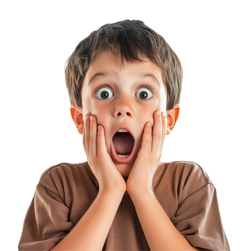 Surprised and scared young boy with hands on face expressing shock indoors, shocked kid boy surprised and scared, file of isolated object on transparent background png