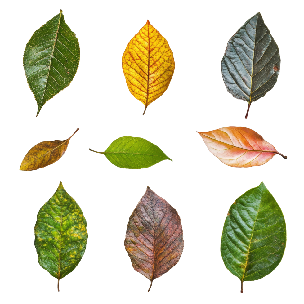 A variety of leaves isolated on a transparent background showcasing unique shapes, colors, and textures from nature, leaves isolated on transparent background png