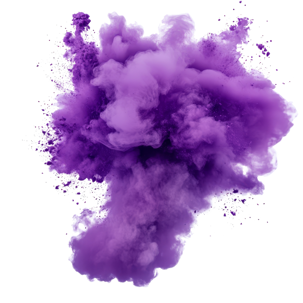 A vibrant purple smoke powder explosion isolated against a transparent background for visual impact and creativity, purple smoke powder explosion isolated on transparent background png