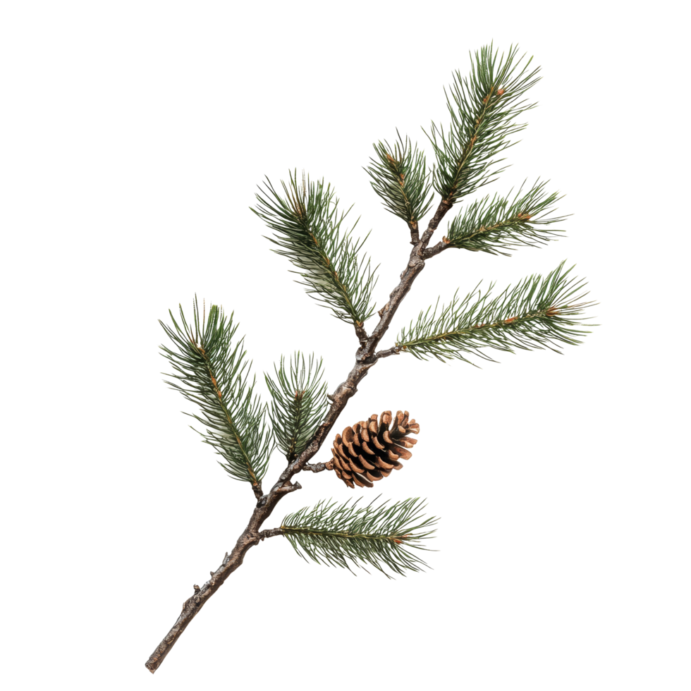 Pine branch with vibrant green needles and a striking brown cone isolated on a transparent background, pine branch with needles and conesfile of isolated object on transparent background png