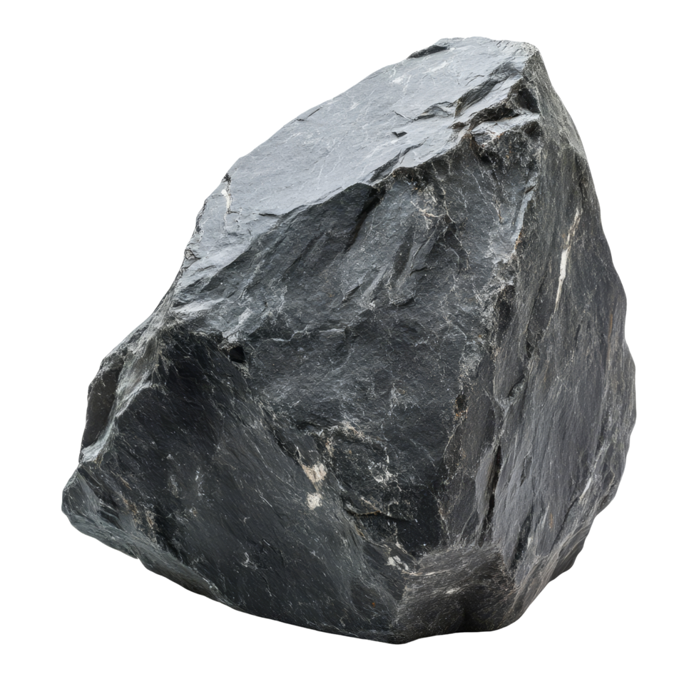 Large black boulder rock isolated on transparent background highlighting its texture and shape, black boulder rock or big stone isolated on transparent background cutout png