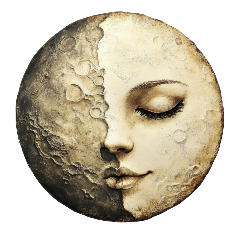 A serene full moon with a human face, blending myth and nature, illuminating the night sky on a transparent background, Full Moon with Face on transparent background png