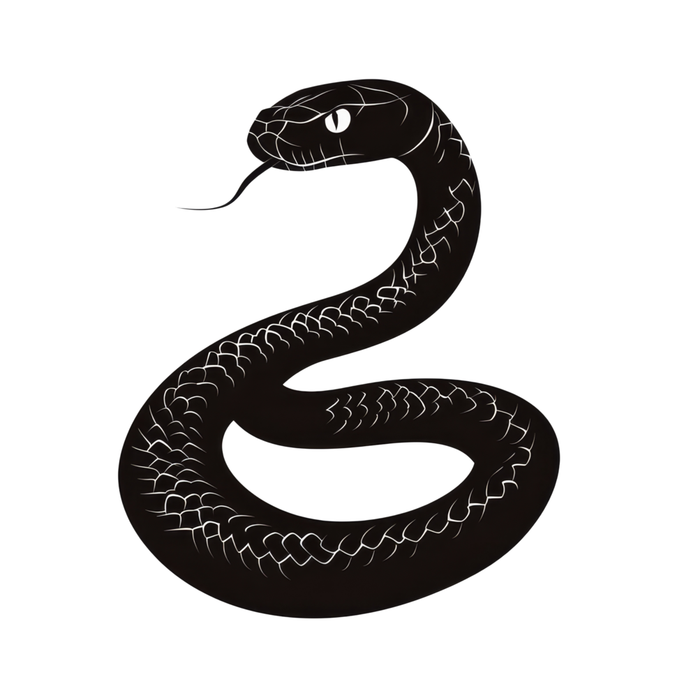 Isolated black snake silhouette coiling on a transparent background with clear features and intricate scale patterns, Snake silhouette. Isolated snake isolated on transparent background png