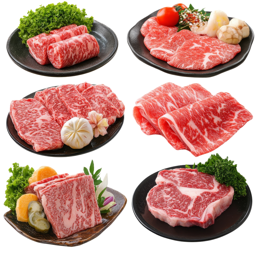 A collage of isolated raw marbled beef cuts arranged on serving plates with fresh vegetables and garnishes, Isolated beef raw marbled meat collage png