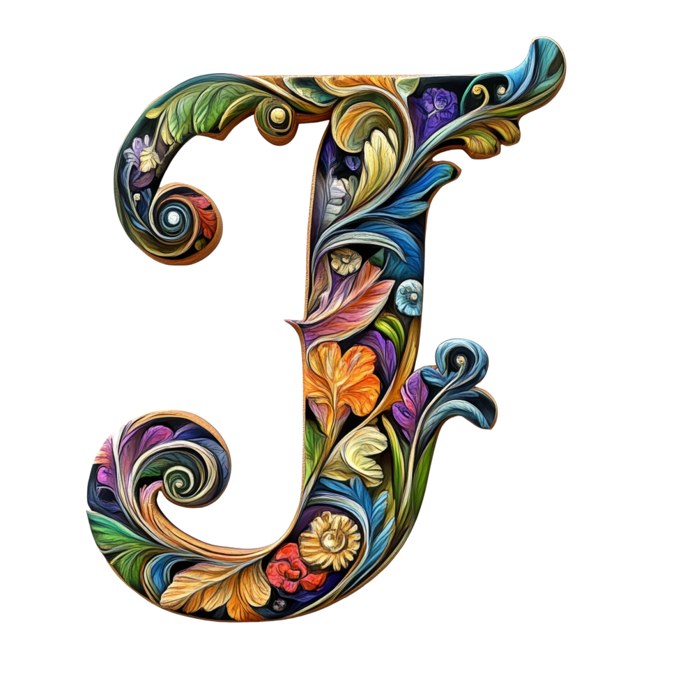 Intricately designed letter J with floral motifs on a transparent background showcasing artistic creativity and craftsmanship, consonant letter c is used to make words on transparent backgroundfile png