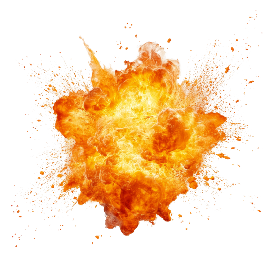 Dramatic fiery explosion with vibrant orange flames and sparks on a clean transparent background, Fiery Explosions on transparent background png