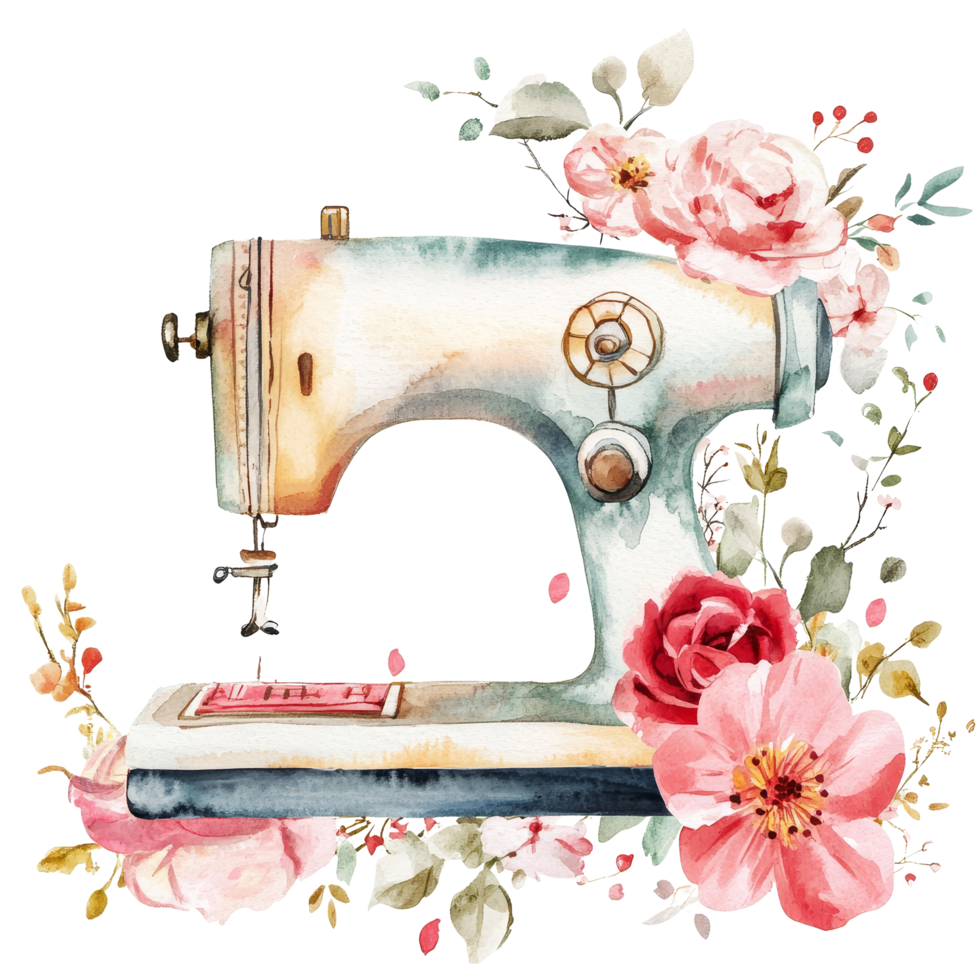 charmant aquarelle floral couture illustration avec une ancien couture machine entouré par délicat fleurit, mode floral couture illustration transparent Contexte png