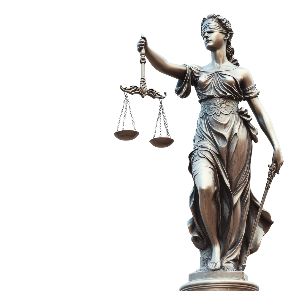 Statue of Lady Justice holding scales and sword against a transparent background representing fairness and law, Statue of Lady of justice on transparent background png