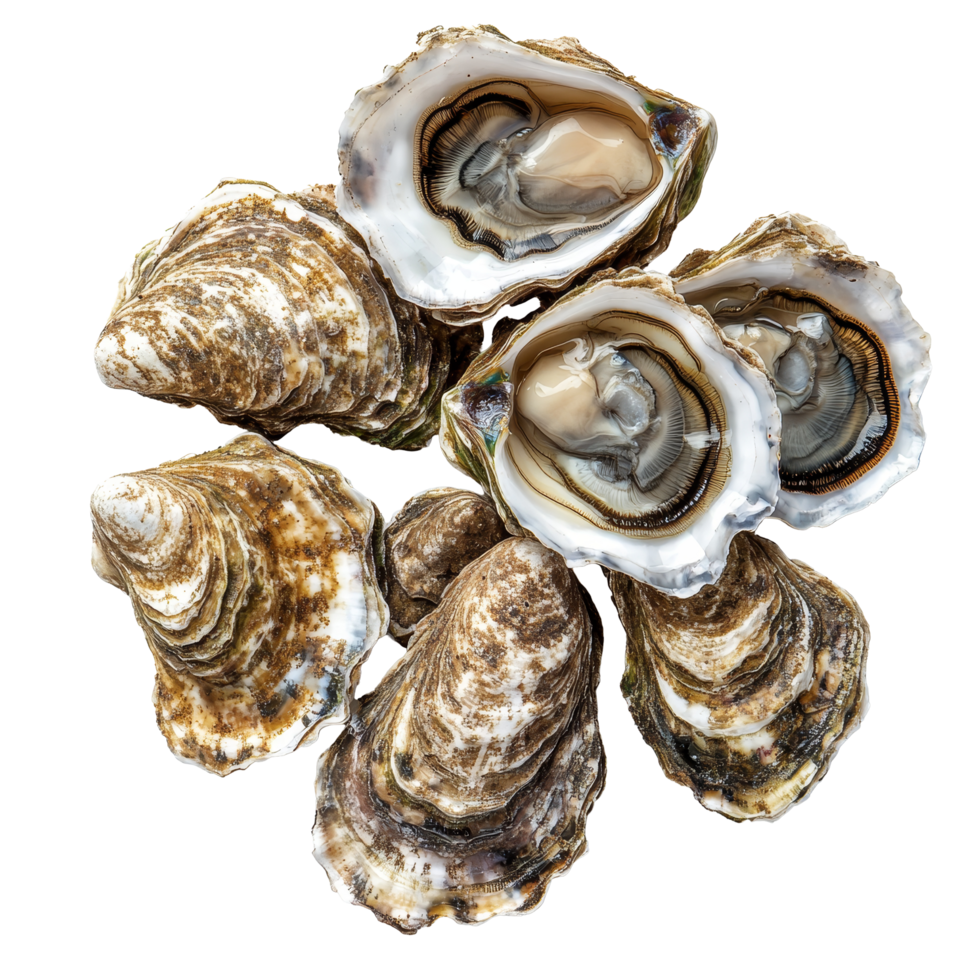 Freshly opened oysters displayed on a transparent background, showcasing their natural beauty and delicious appeal, Fresh Oysters on transparent background png