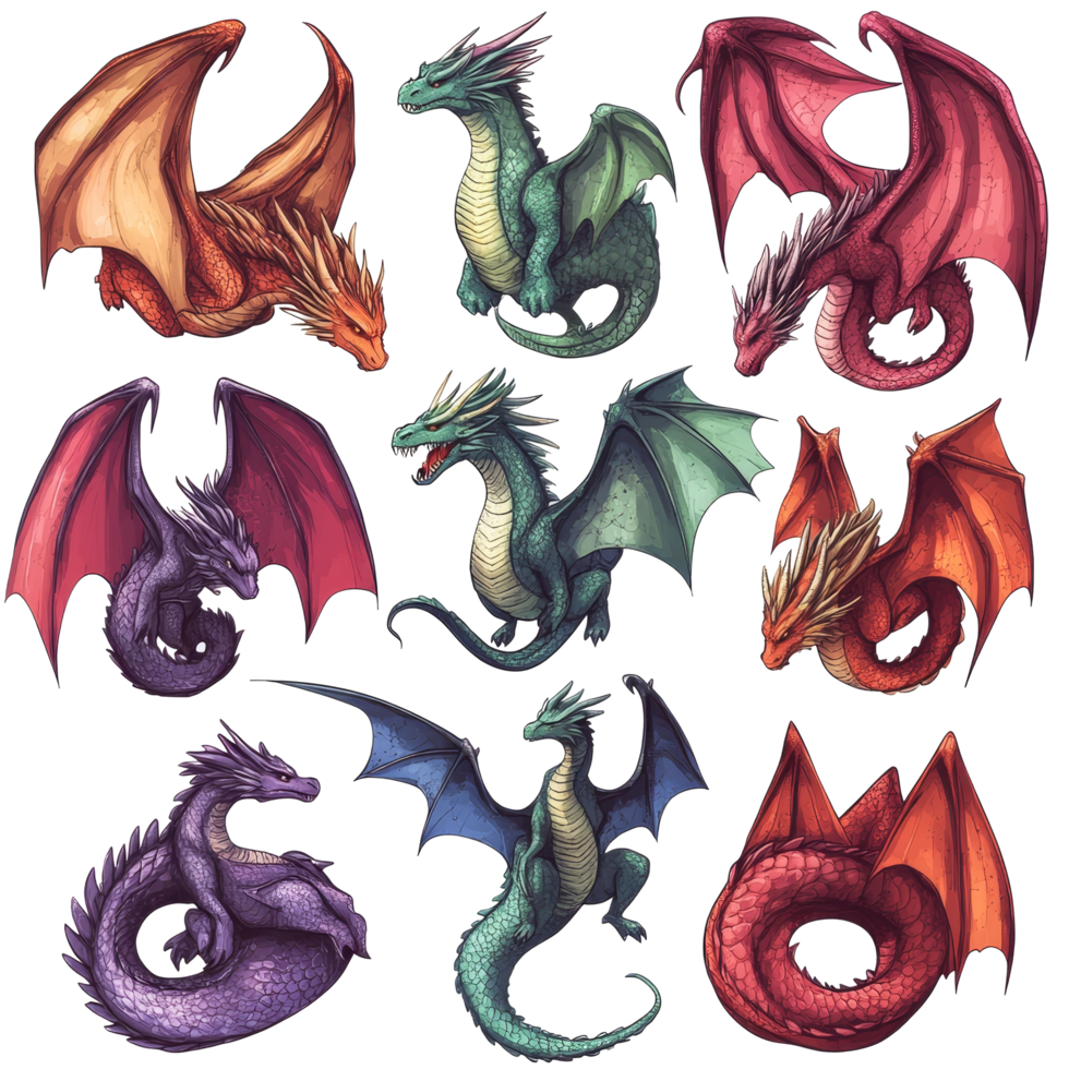 A collection of mythical dragons in various colors and styles, isolated on a transparent background for artistic display, Mythical Dragons Isolated on transparent background png