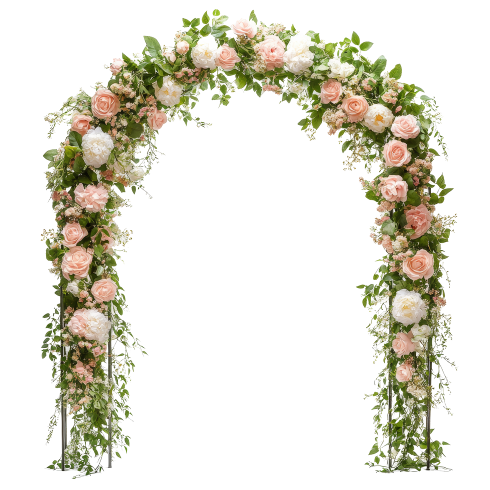Elegant semi-circle wedding arch adorned with flowers, perfect for ceremonies on a bright transparent background, semi circle wedding arch isolated on transparent background png