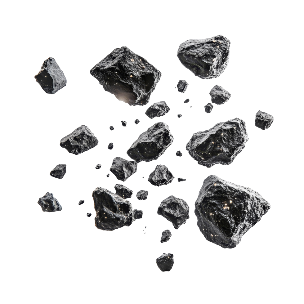 Multiple asteroids floating in the air against a transparent background showcasing their unique textures, Asteroids in air isolated on transparent background png
