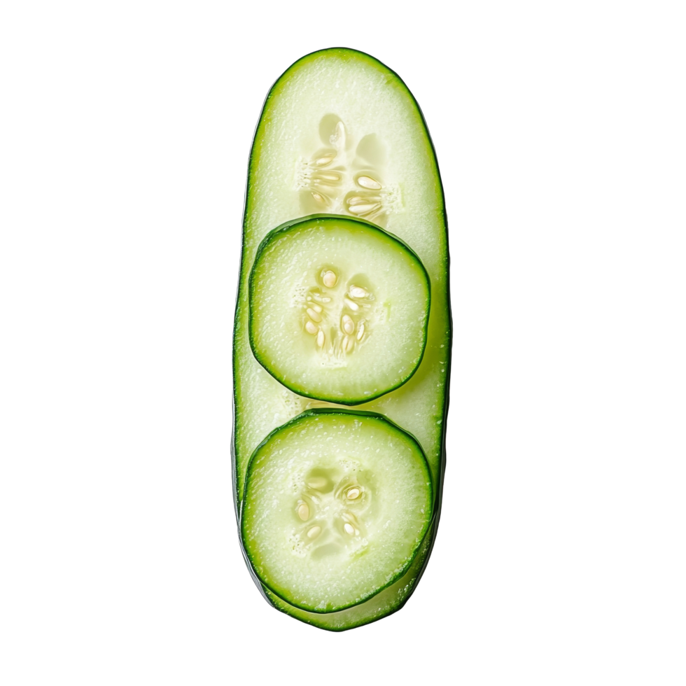 Freshly sliced cucumber pieces arranged on a clean transparent background for culinary presentation or health themes, Fresh slice cucumber on transparent background png