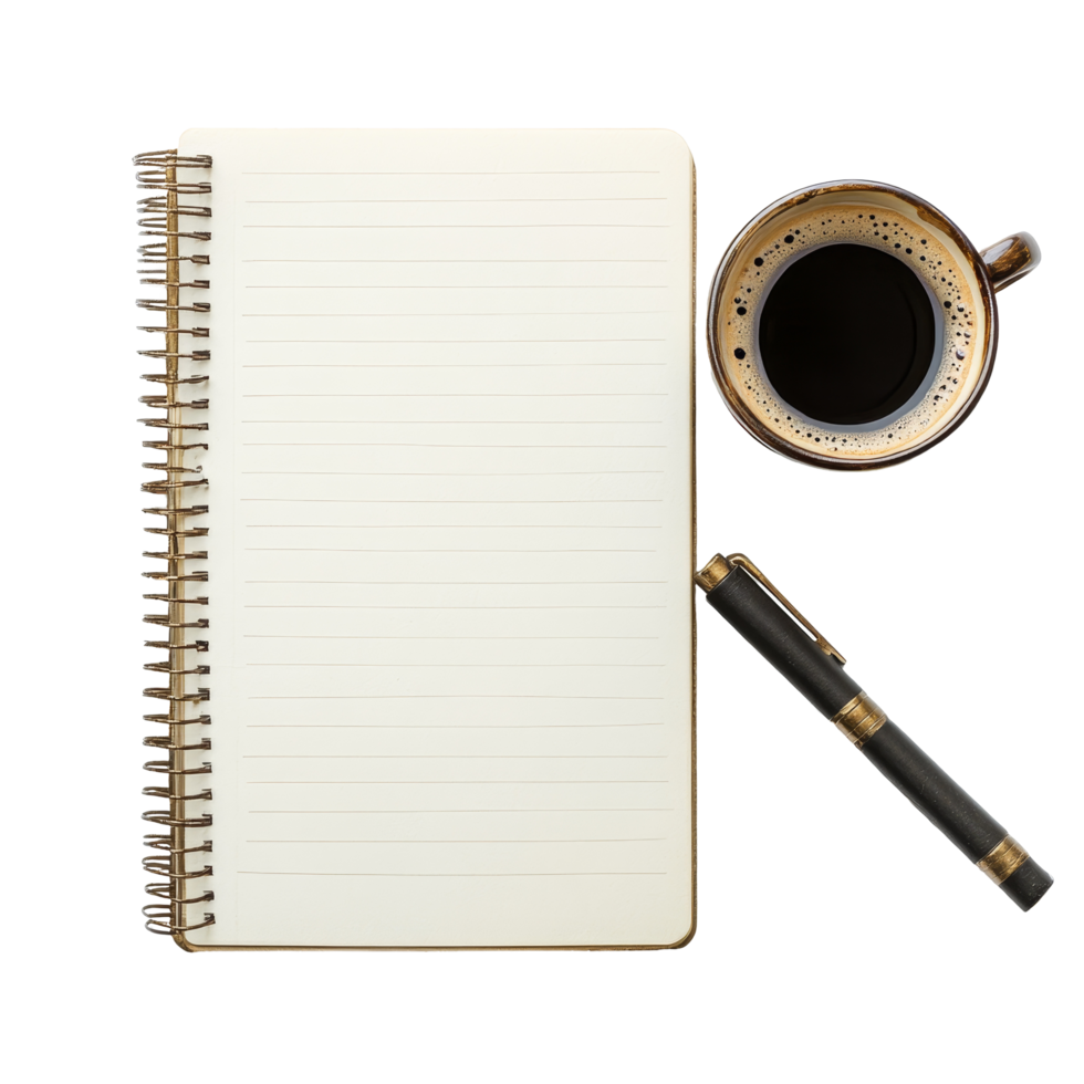 A cozy workspace featuring an empty notebook, a cup of coffee, and a pen on a clean transparent background for writing ideas, Note book and coffee on transparent background png