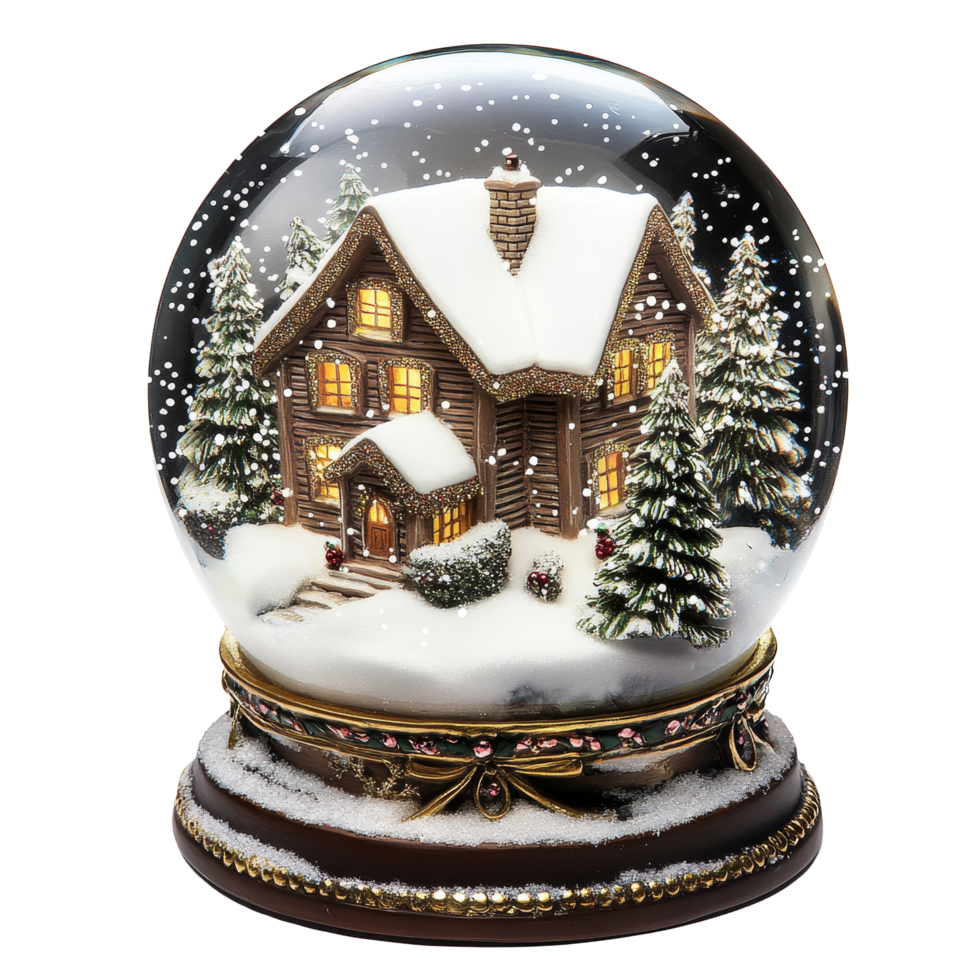 A charming snow globe featuring a snow-covered house and evergreen trees, capturing the essence of winter holidays, Christmas Snow Globe with SnowCovered House Isolated on transparent background png