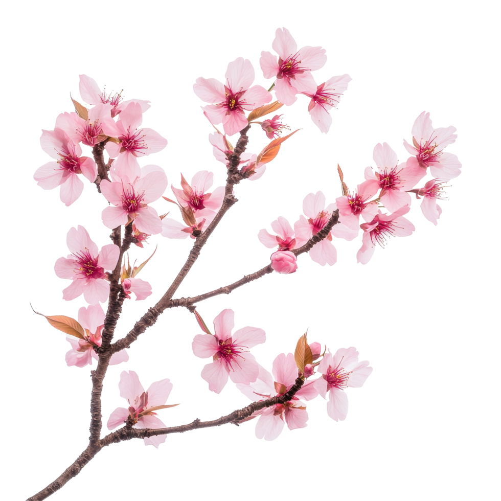 Fresh cherry blossom sakura branch isolated on a transparent background showcasing delicate pink petals and budding leaves, of fresh cherry blossom sakura isolated on transparent background png