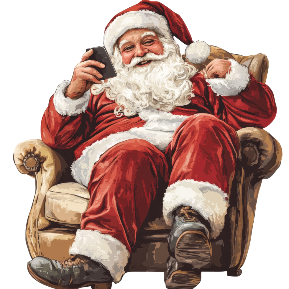 Santa Claus sitting comfortably in an armchair, chatting happily with a phone during the festive season, file no background Santa Claus sitting and chatting with his phone png