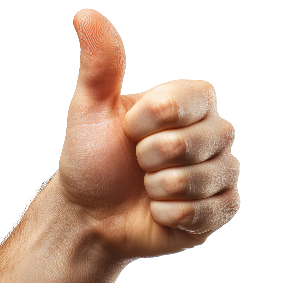A close-up of a hand giving a thumbs up gesture on a plain transparent background symbolizing approval and positivity, thumb up on transparent backgroundfile png