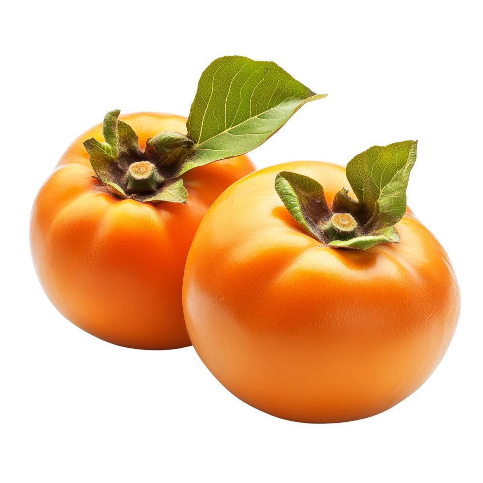 Fresh ripe persimmons with vibrant orange color and green leaves isolated against a crisp transparent background, fresh ripe persimmons isolated on transparent background png