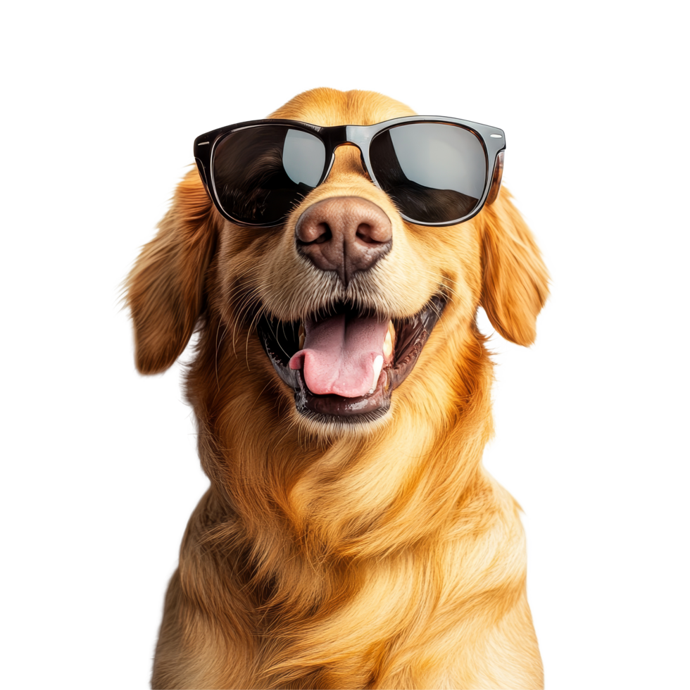 Happy golden retriever dog wearing sunglasses, smiling brightly against a transparent background, Happy Golden Retriever Dog Wearing Sunglasses on transparent background png