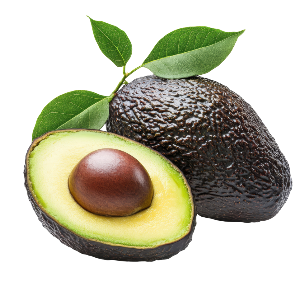 Fresh avocado cut in half showcasing smooth texture and large seed isolated on a clean transparent background, fresh avocado isolated on transparent background png