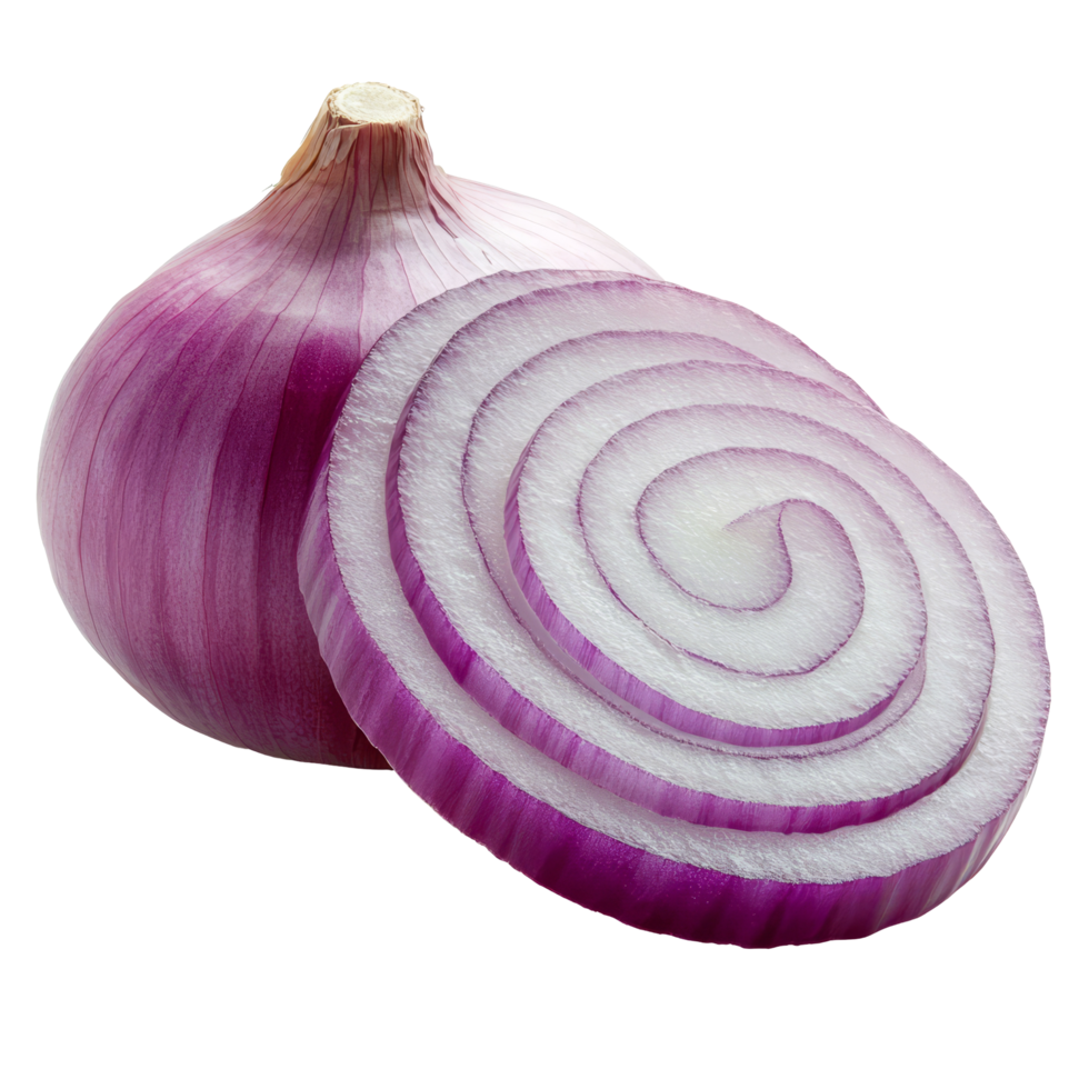 Sliced purple onion isolated on a transparent background showing intricate layers and vibrant colors, Onion sliced isolated on transparent background png