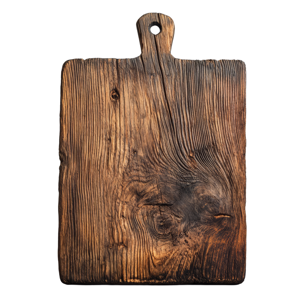 Old dark wooden cutting board isolated on a transparent background, showcasing its rustic texture and classic design features, Isolated old dark wooden cutting board png