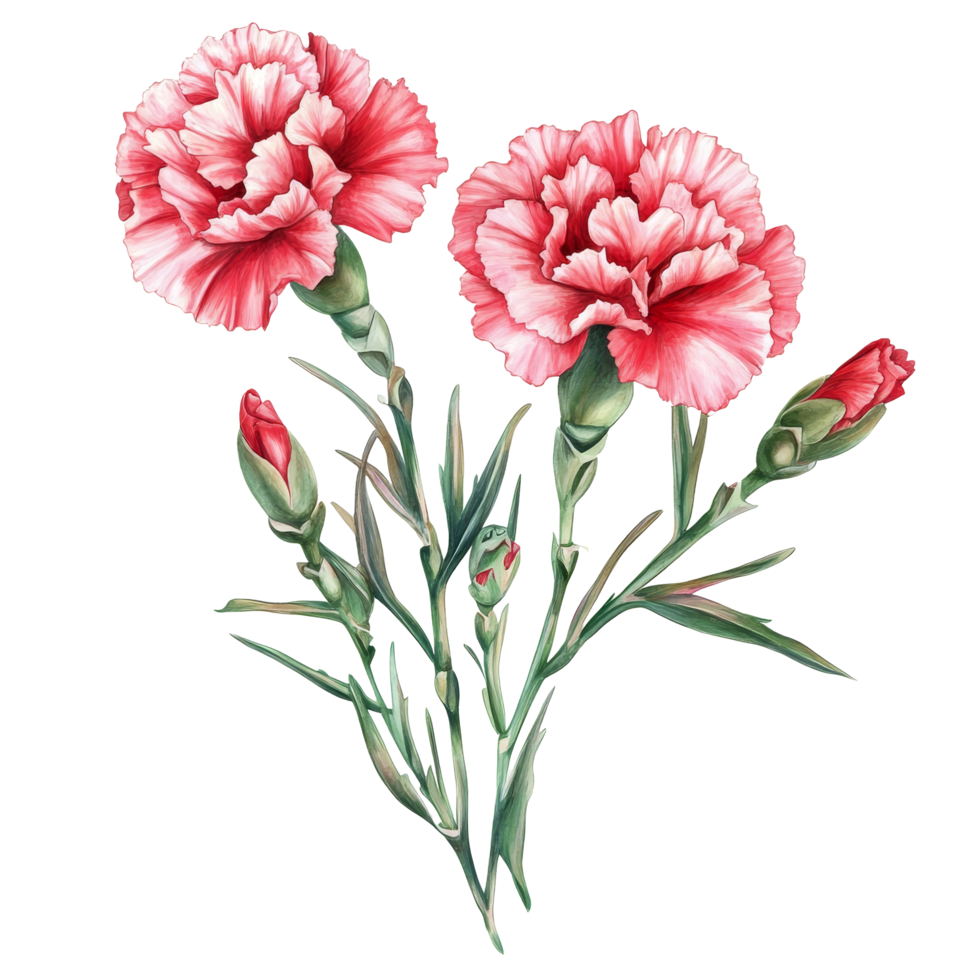 Beautiful carnation flowers in soft pink hues isolated on a transparent background showcasing their intricate details, Carnation flowers isolated on transparent background png