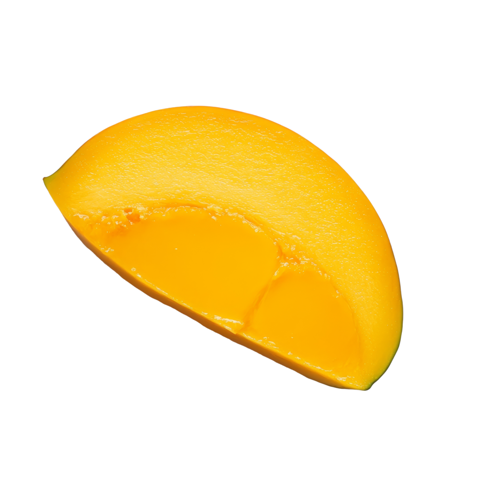 Fresh slice of ripe mango on a clean transparent background showcasing its vibrant color and juicy texture, slice of mango on transparent background png