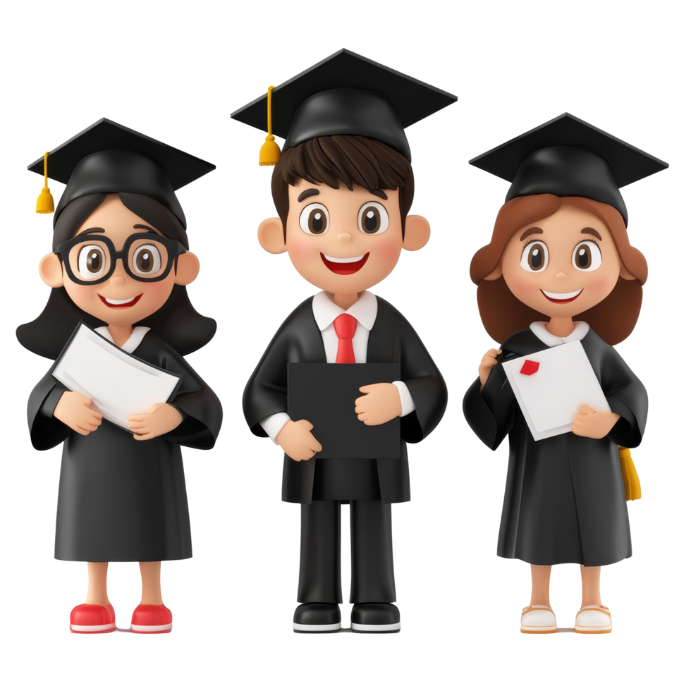 Cartoon students celebrate graduation with diplomas in caps and gowns on a bright transparent background, 3D Cartoon Students Graduaded On transparent background png
