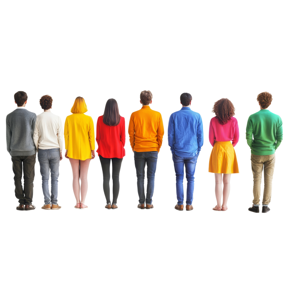 A diverse group of people standing in colorful outfits against a transparent background, showcasing unity through diversity in fashion and style, Colorful Diversity Line of People on transparent background png
