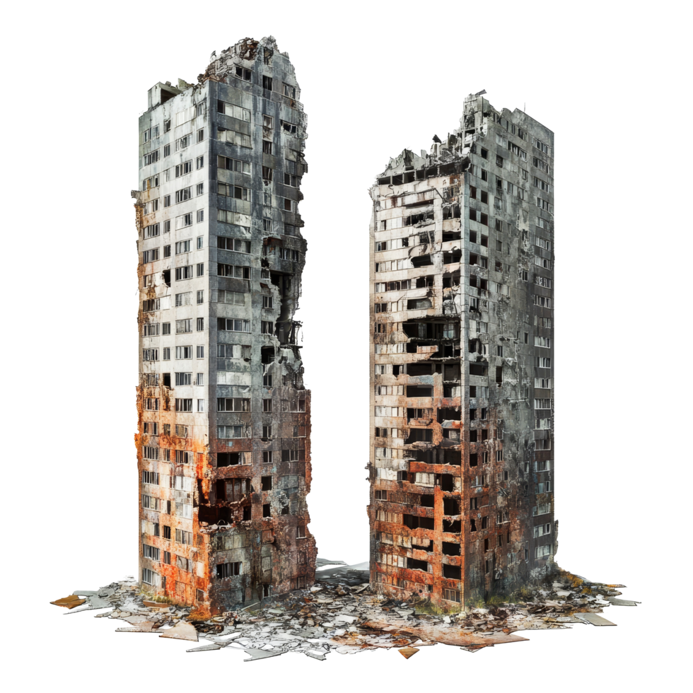 Ruined skyscraper buildings stand starkly isolated against a transparent background, showcasing urban decay and neglect, Ruined Skyscraper Buildings Isolated on transparent background png