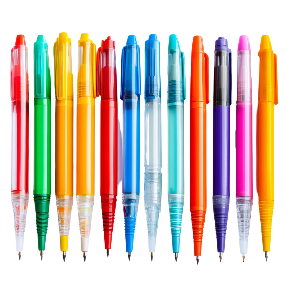 Colorful pens and markers arranged neatly in a row on a transparent background for creative projects, colorful pens and markers laid out side by sideisolated on transparent background png