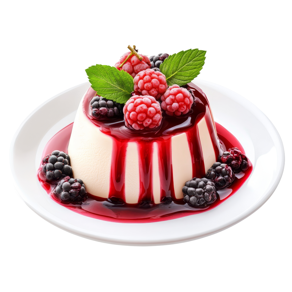 Gourmet mousse dessert topped with fresh berries and berry sauce on a transparent plate, Isolated gourmet mousse dessert with berry sauce png