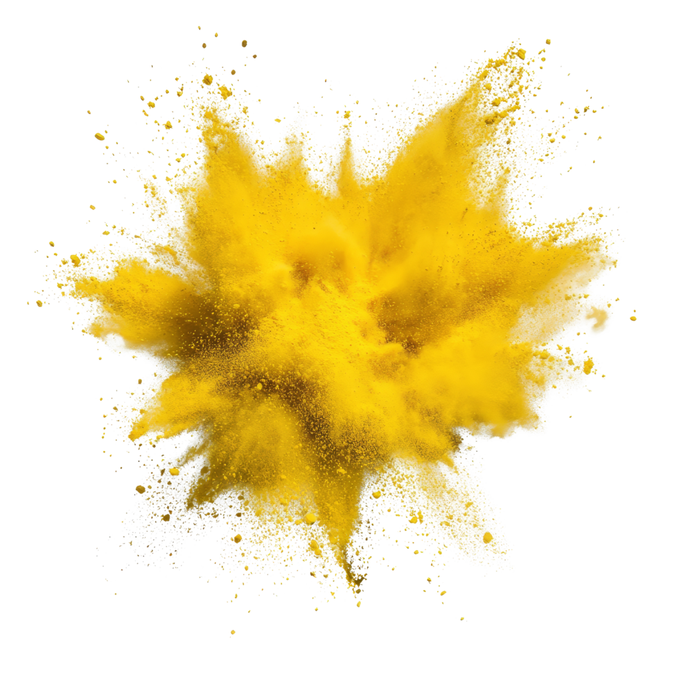 Bright yellow powder explosion isolated against a transparent background creating a dramatic visual effect, yellow powder pulver explosion isolated on transparent background png