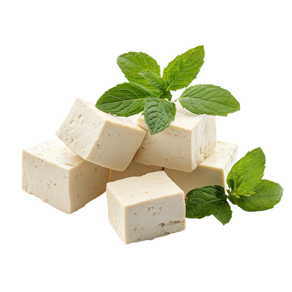 Fresh tofu blocks arranged with vibrant mint leaves on a clean transparent background for culinary inspiration, tofu soy and mint isolated on transparent background png
