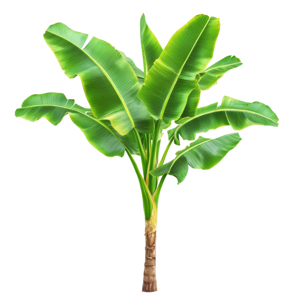 A vibrant banana tree with lush green leaves against a simple transparent background, Banana Tree on transparent background, real banana tree green leaf isolate die cut file png