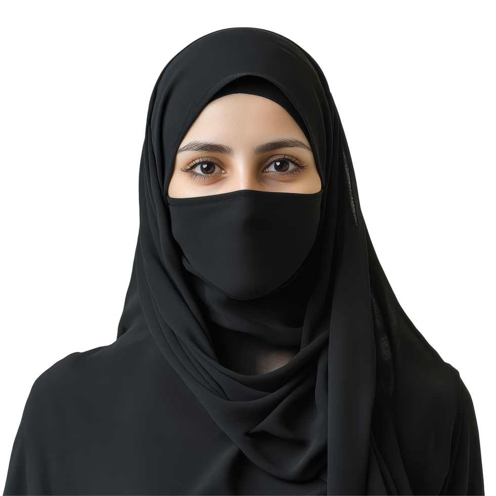 Veiled Islamic woman in traditional black hijab with a serene expression in a neutral background setting, Portrait of a veiled islamic woman wearing black hijab isolated on transparent background png