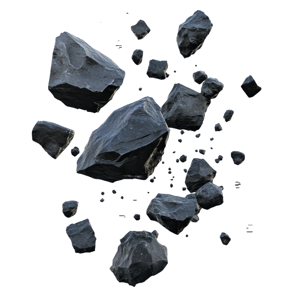 Flying black rocks suspended in a transparent background create a striking visual effect of dynamic movement and isolation, flying black rocks isolated on transparent background png