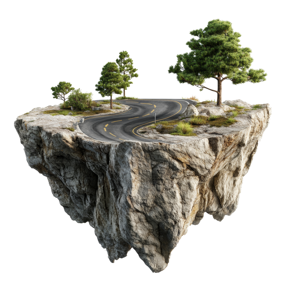 A floating road winding through a rocky island with lush greenery in a serene landscape, 3D Illustration of a Floating Road on Rocky Island, Isolated on transparent background Background png