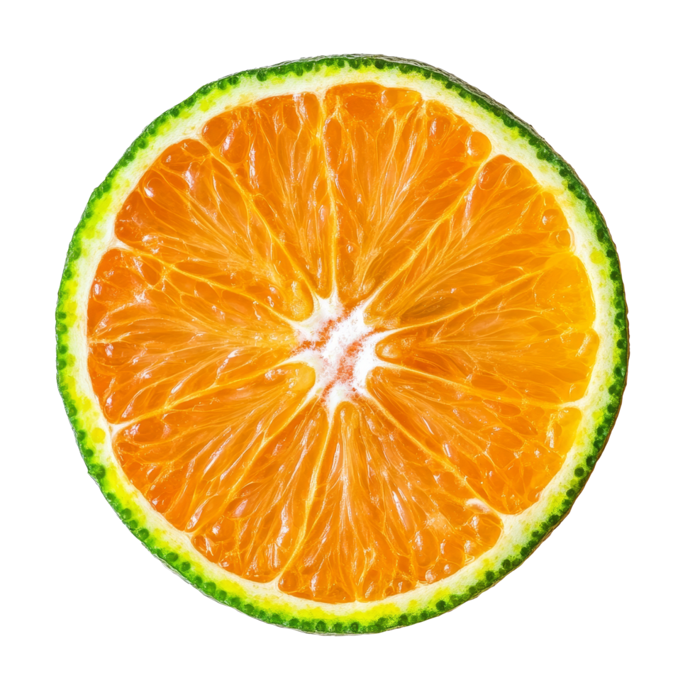 Bright green and orange tangerine slice displayed on a clean transparent background for food photography enthusiasts, green orange tangerine slice on transparent background png